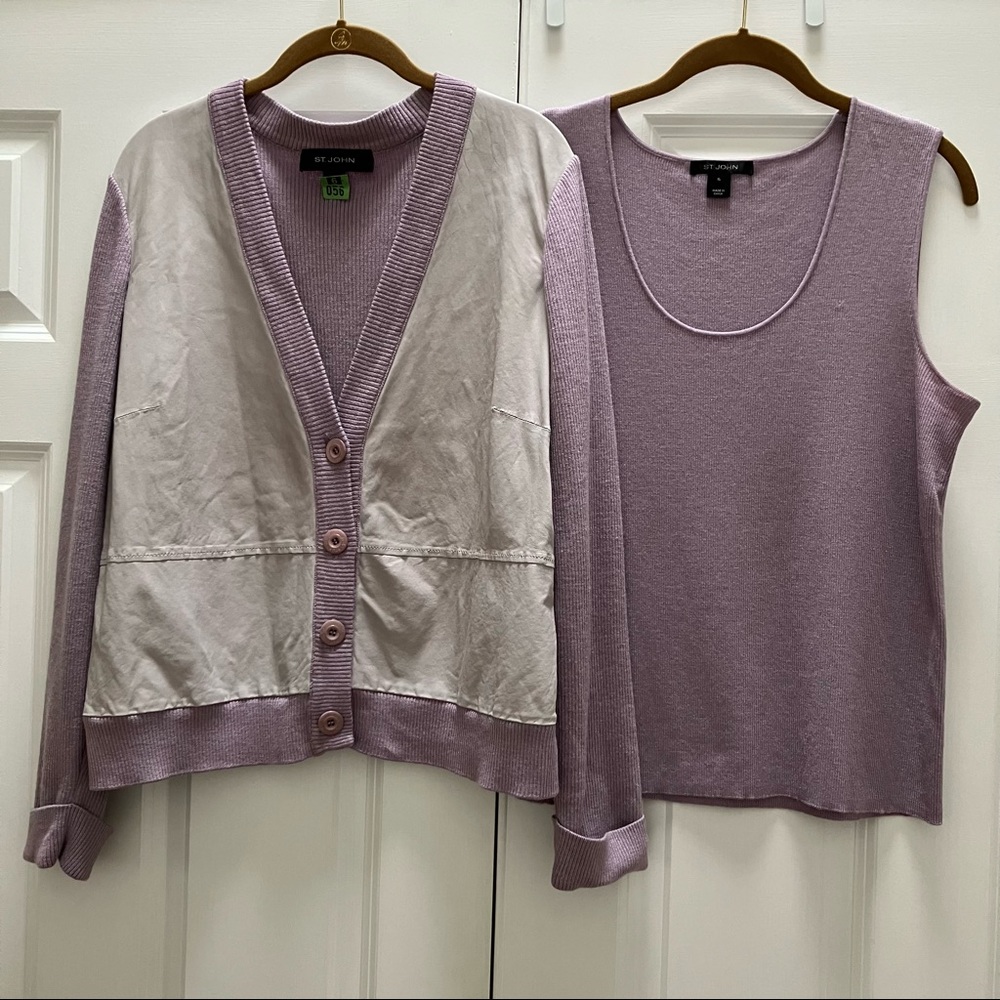 St. John Wool Leather Cardigan Sweater Set Ribbed Knit Lavender 2 Piece size XL